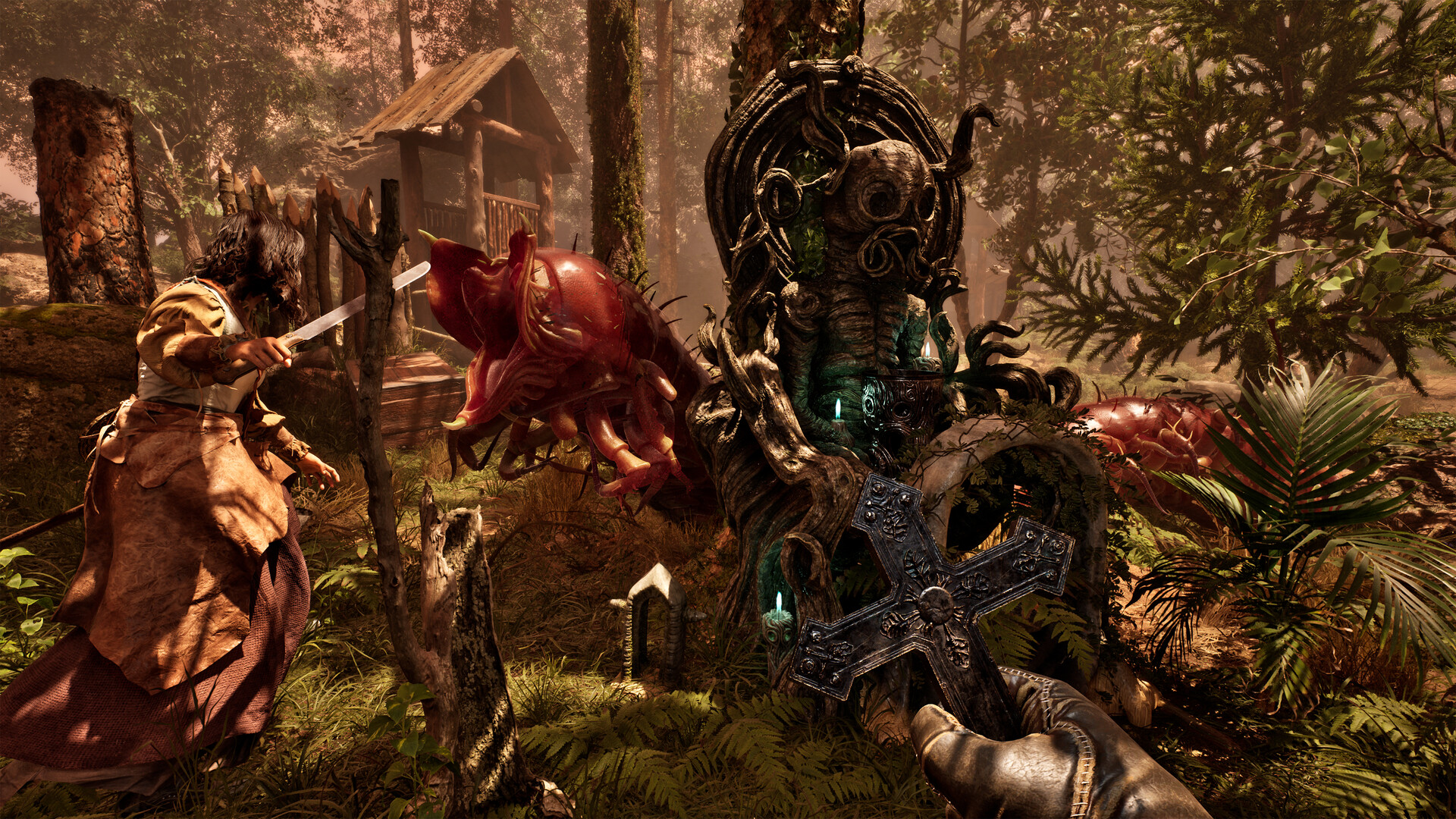 Explorers confront strange red creatures near a twisted jungle shrine.