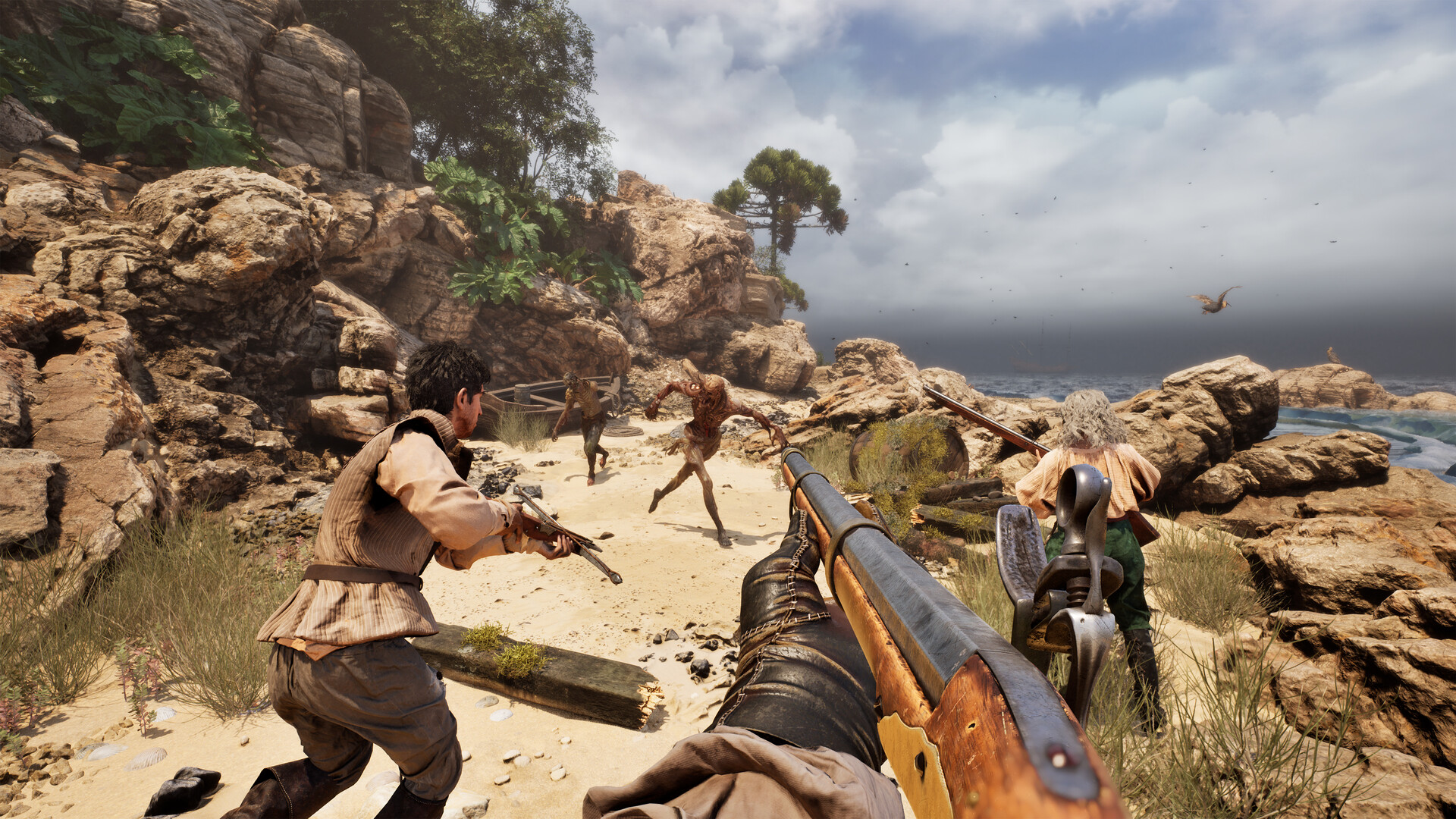 Three explorers fight together on a rocky shore in The Mound: Omen of Cthulhu.