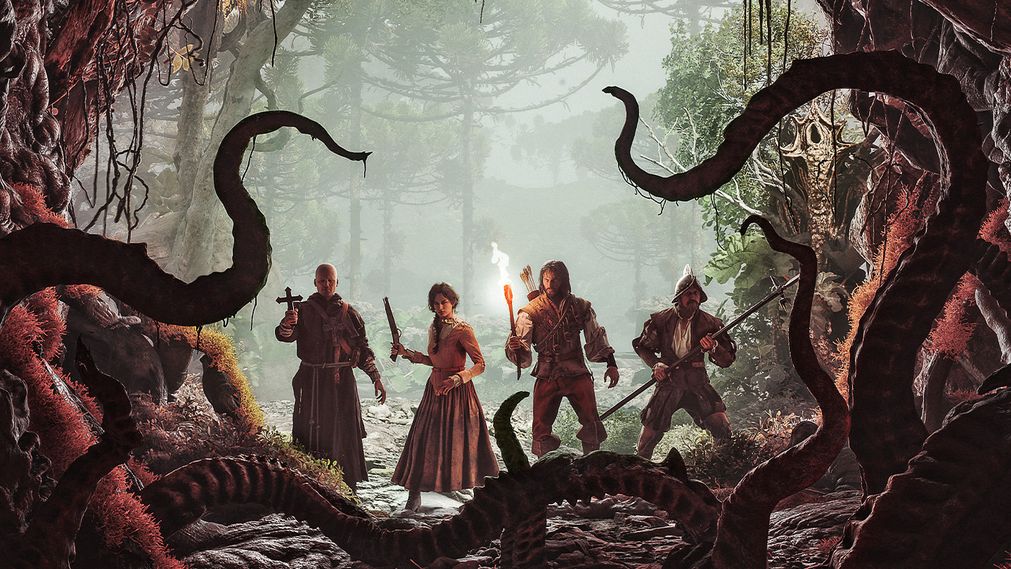 Four sixteenth-century explorers stand at the mouth of a jungle overgrown with tentacles.